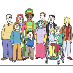 Grafik mit vielen verschiedenen Menschen, zum Beispiel junge und alte Menschen, ein Frau im Rollstuhl, eine Frau mit Kopftuch, ein Mann mit dunkler Hautfarbe